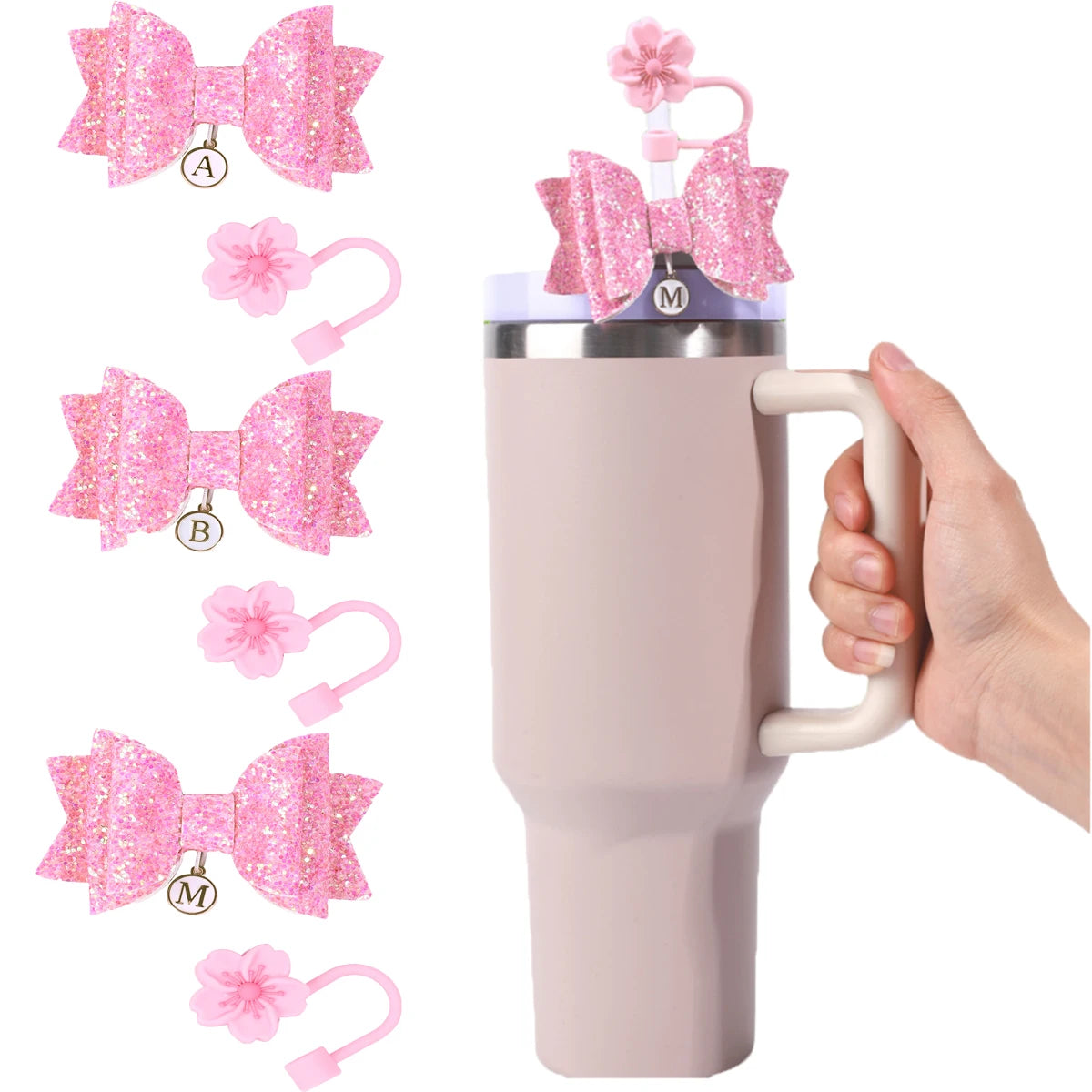 Glitter Bow Straw Cap for Tumbler,Pink Bow Decor