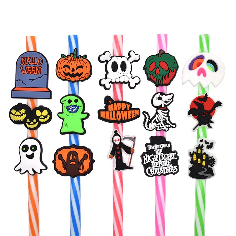 15pcs Halloween Scream Ghost Straw Covers - Horror Skellington Tips