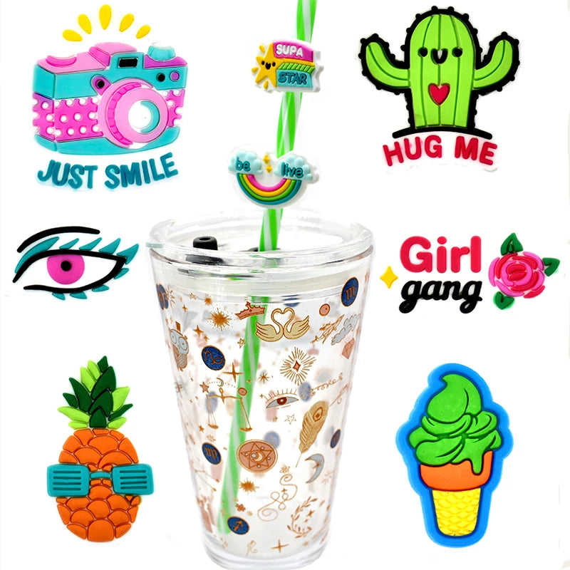 15pcs Cartoon Silicone Milk Tea Straw Covers - Dust Proof, Fits Stanley Cup