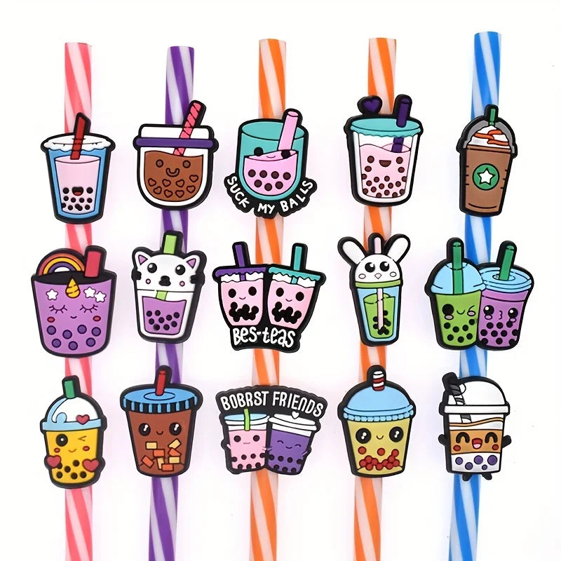 15pcs Cartoon Silicone Milk Tea Straw Covers - Dust Proof, Fits Stanley Cup