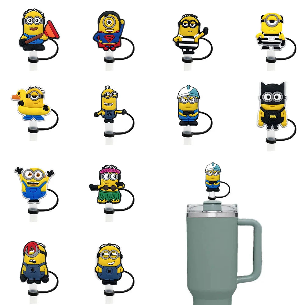 12pcs Minions Straw Covers - 10mm, Reusable, Dust-Proof, Fits 30-40Oz Cups